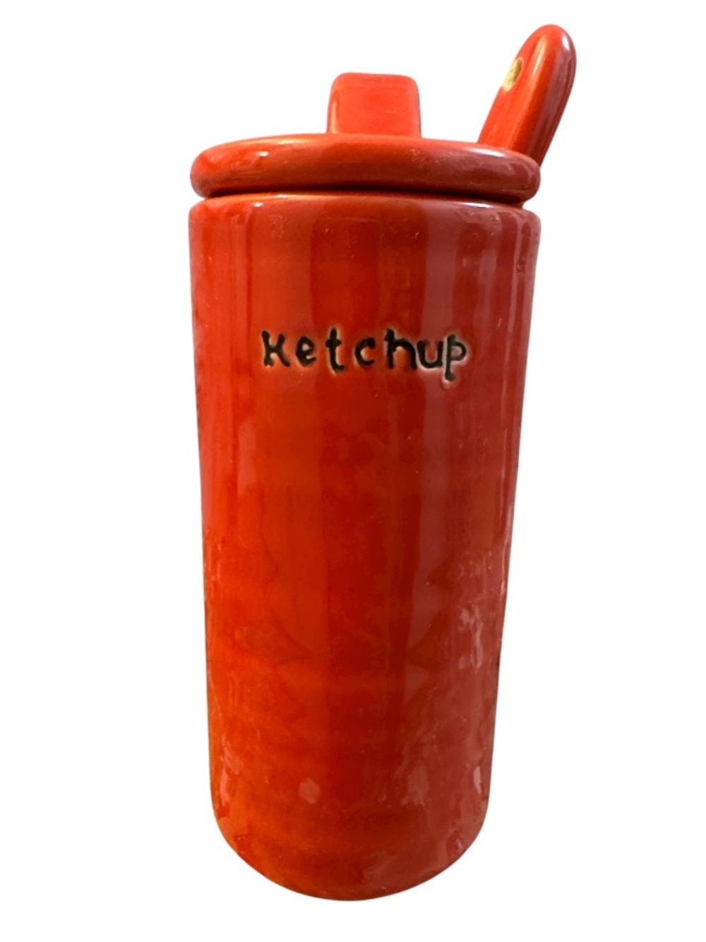 2/$25 Williams Sonoma 2013 Red Ceramic Ketchup Crock Jar with Spoon